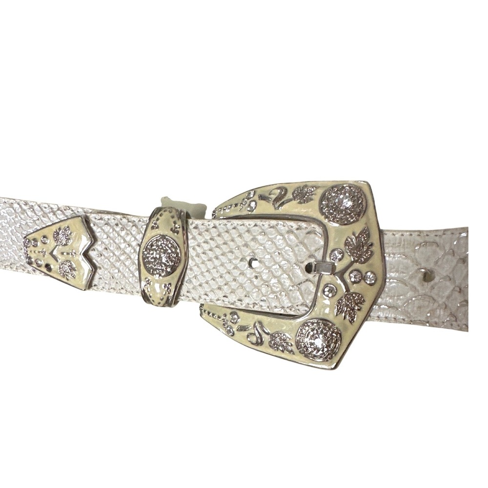 Nanni Italy Cream Snakeskin Leather Western Crystal Buckle Belt Wide 95/38